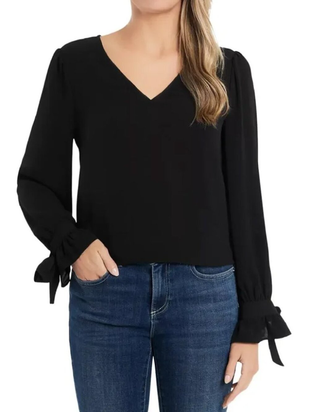 CeCe Black Long Sleeve V-Neck Tie Cuff Blouse Top M Corporate Romantic Whimsy